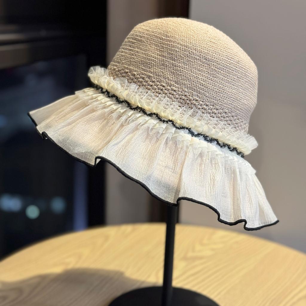 Korean-style Japanese mesh pearl fisherman hat for women, summer hollow breathable versatile small bucket hat for travel and sun protection