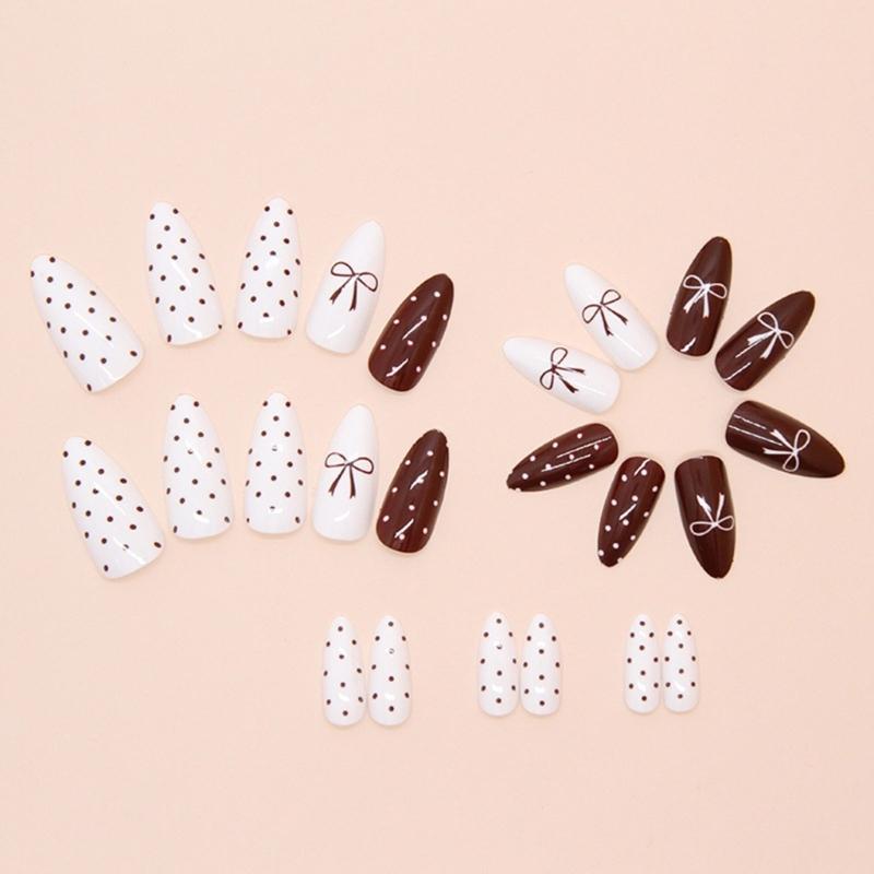 1 Set Almond Press on Nail Acrylic Nail Accesories with Bows and Dot Designs Stick on Nail Valentine's Day Nail Art