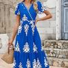 Women's V-neck flared sleeve floral print pocket short-sleeved dress