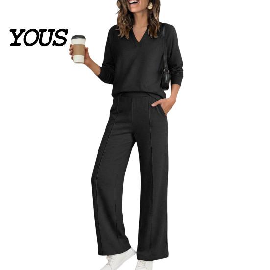 Damen Lässiges Loungewear Sweatshirt Hosen 2-teiliges Set, V-Ausschnitt Langarm Oberteil & Weiter V-Ausschnitt Pullover Sets Hosen mit Elastischem Bund, Einfarbig