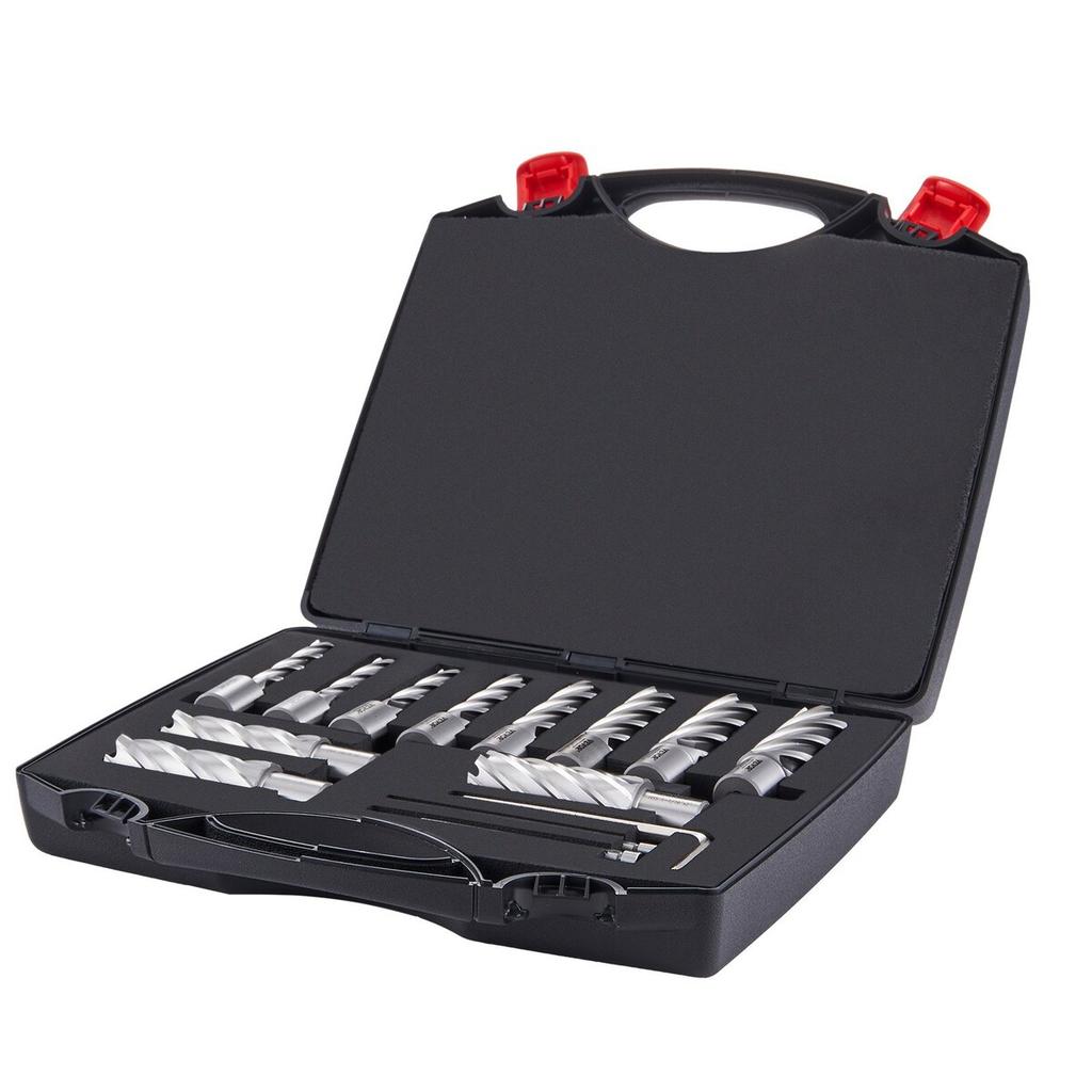 Annular Cutter Set, 13 pcs Weldon Shank Mag Drill Bits, 2" Cutting Depth, 7/16" to 1-1/16" Cutting Diameter, M2AL HSS, with 2 Pilot Pins, Hex Wrench