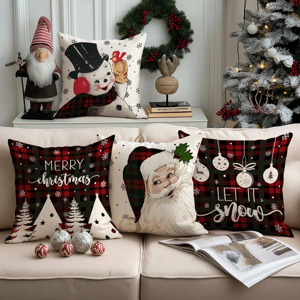 1/4Pcs Checkered Christmas Pillowcase, Santa Claus Snowman Snowflake Design, Christmas Ball Christmas Tree Cushion Cover