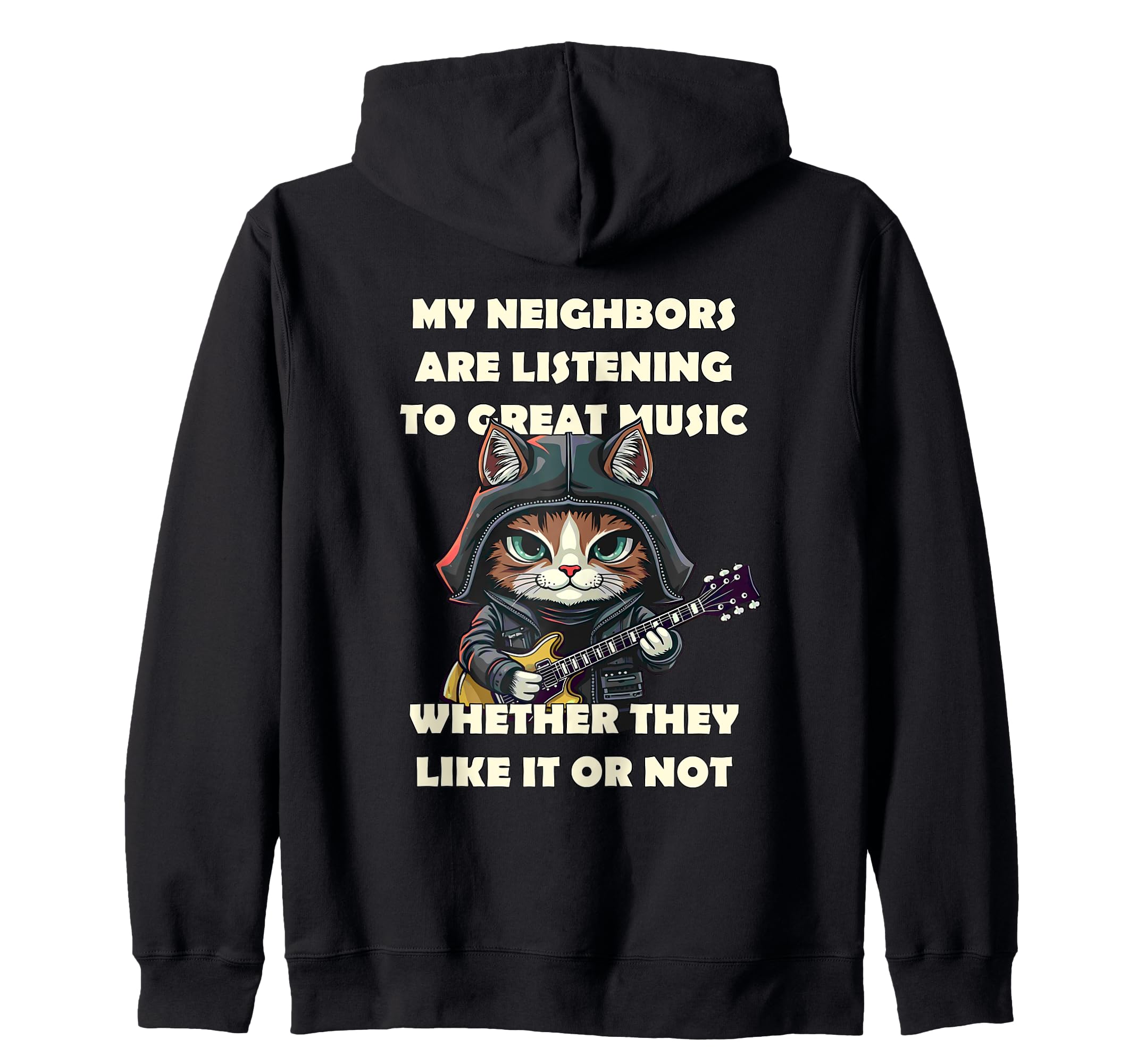 

cat neighbor listening loud heavy rock guitar music zip hoodie