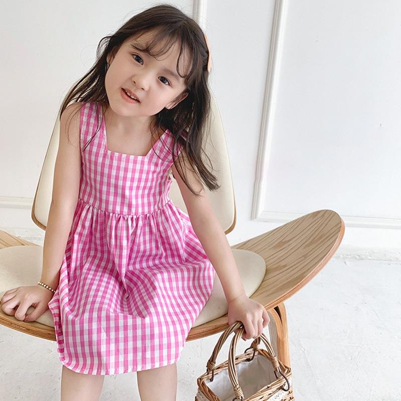 Toddler Girls Suspender Dress Summer A Line Dress Pleated Beach Dress Plaid Princess Dress Sleeveless Sundress Square Neck Overall Dress 3-8T