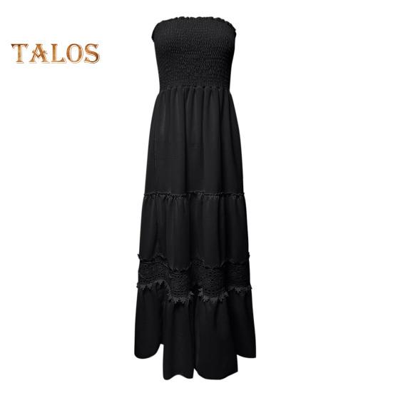 Women's Off Shoulder Maxi Dress Summer Smocked Lace Trim A Line Swing Dress Boho Strapless Flowy Beach Sundress