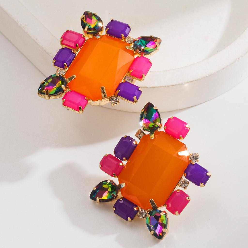 European and American New Fashion Exaggerated Earrings Super Shiny Alloy Inlaid with Colorful Diamonds Personality Long Prom Earrings