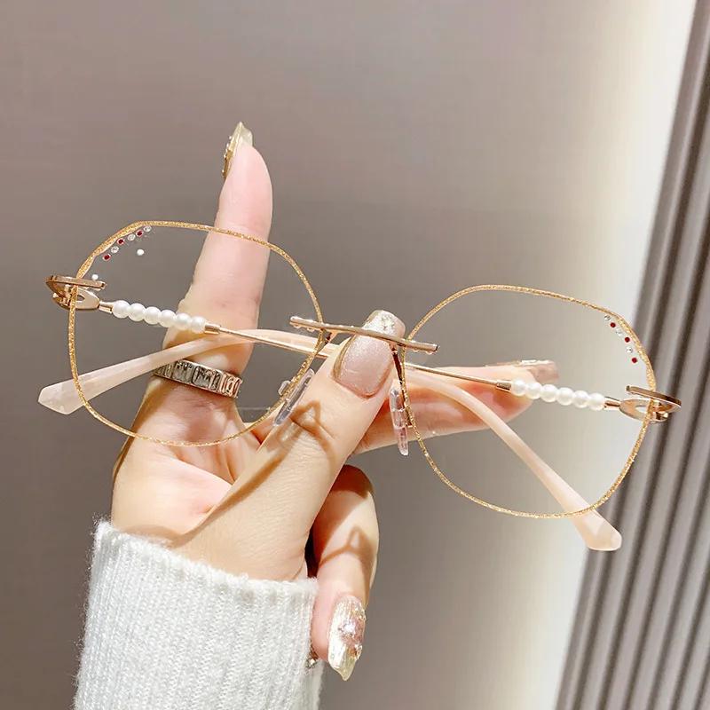 Fashion Presbyopia Eyeglasses Hd Clear Lens Unisex Far Sight Glasses Blue Light Blocking Frameless Diamond Trimmed Eyewear