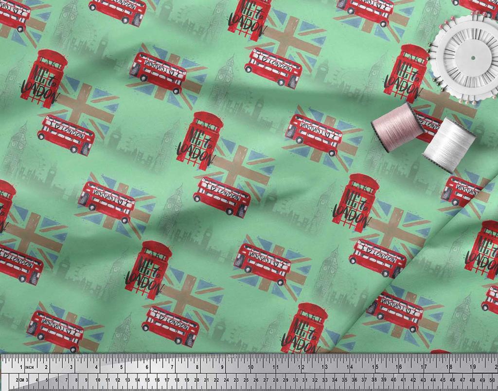 Soimoi Green Japan Crepe Satin Fabric London Theme Architectural Print Sewing Fabric Metre 42 Inch