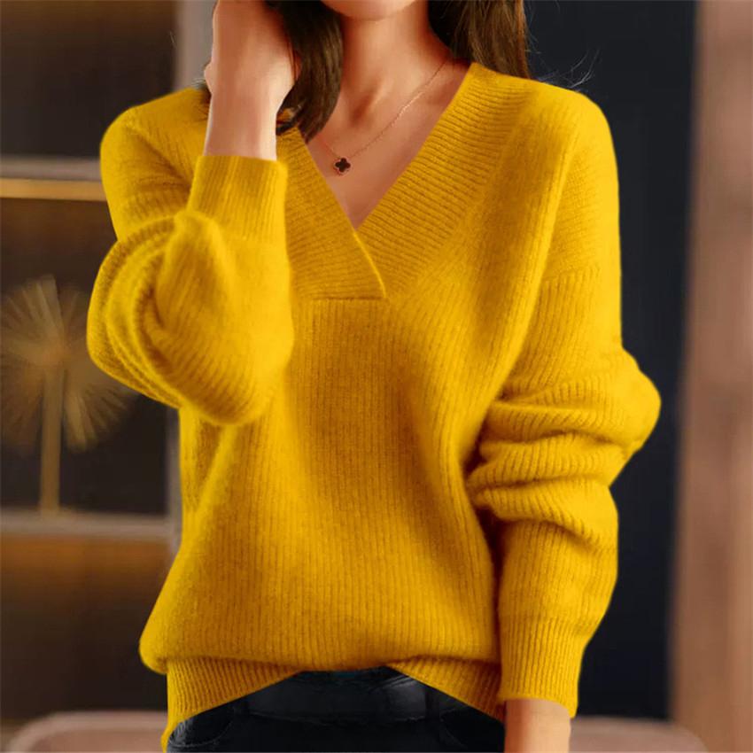 Women's Autumn and Winter V-neck Solid Colour Knitwear Tops Multicoloured Bottoming Shirt Pullover Sweater