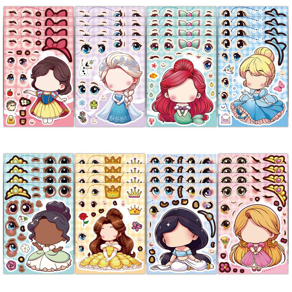 8/16Sheets  Princess Cute Puzzle Sticker Make a Face Doodle Children Toys Gift Decoration Water Cup Laptop Suitcase Decals