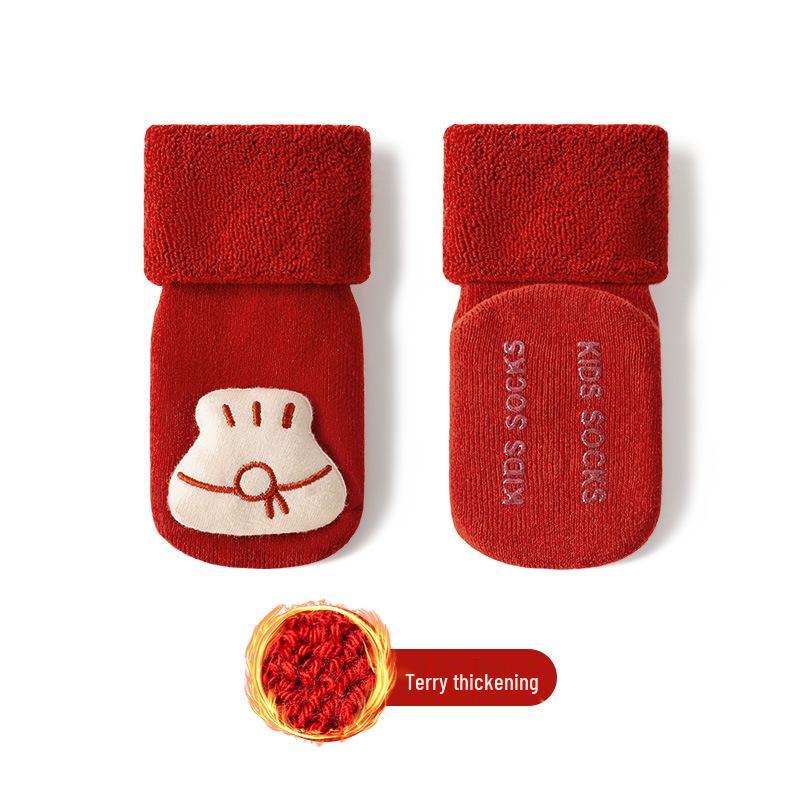 Newborn Non-Slip Red Cotton Socks: Thick & Cozy for Autumn/Winter, Ideal for 100-Day Birthday & New Year Celebrations