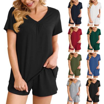2 Pcs/Set Women Summer Pajamas Suit V Neck Short Sleeve Sleepwear Set Homewear Top Shorts Set Loose Shorts Set Casual Sport Outfit