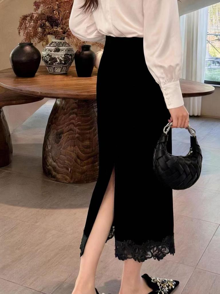 Rongtai Women's Textured Velour Embroidered Lace Hem Bodycon A-line Skirt 2026.