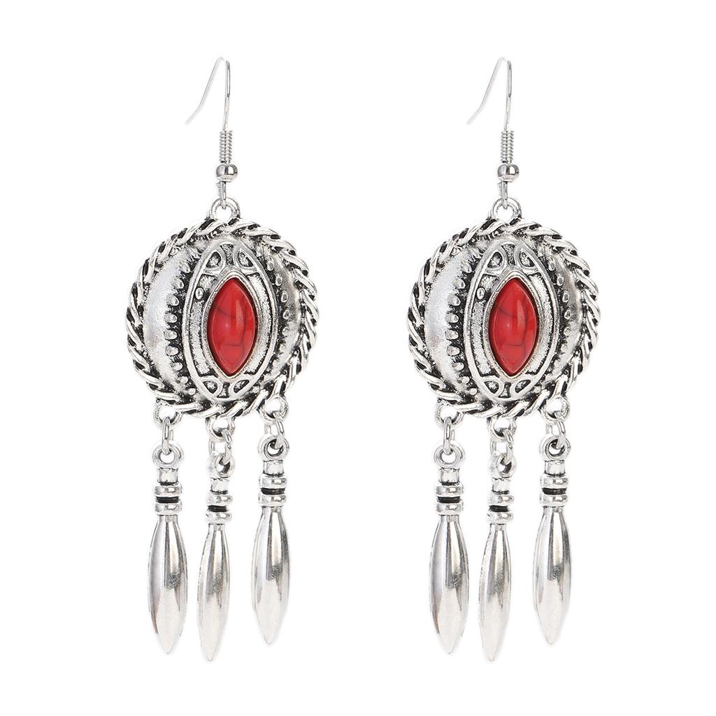 Vintage Ethnic Natural Stone Indian Earrings Jhumka Female Antique Silver Plated Geometric Carved Earrings Party Tassel Jewelry