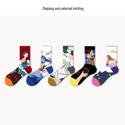 Französische Retro Hirsch Reisölmalerei Wadenlange Skateboard Socken - Damen Trendiger Partnerlook.
