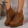 Fashion Size 36-42 Lace Up Wedge Ankle Boots Short Plush Botines Women's High Heels Suede PU Autumn Booties Fashion Botines Para Mujeres