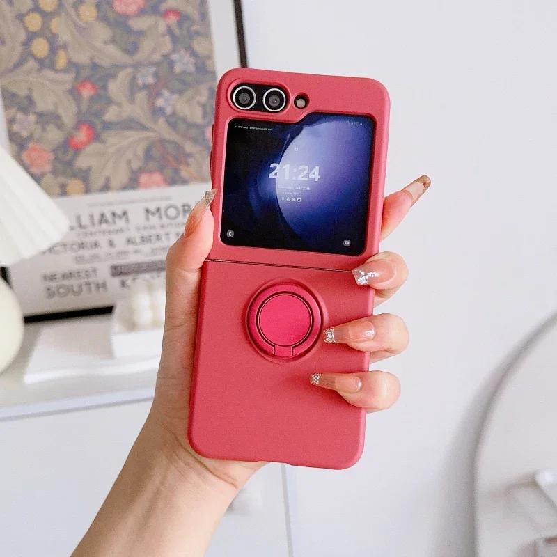 Simple Solid Color Rotating Ring Bracket Phone Case For Samsung Galaxy Z Flip 7 6 5 4 3 Soft Silicone Shockproof Protector Cover