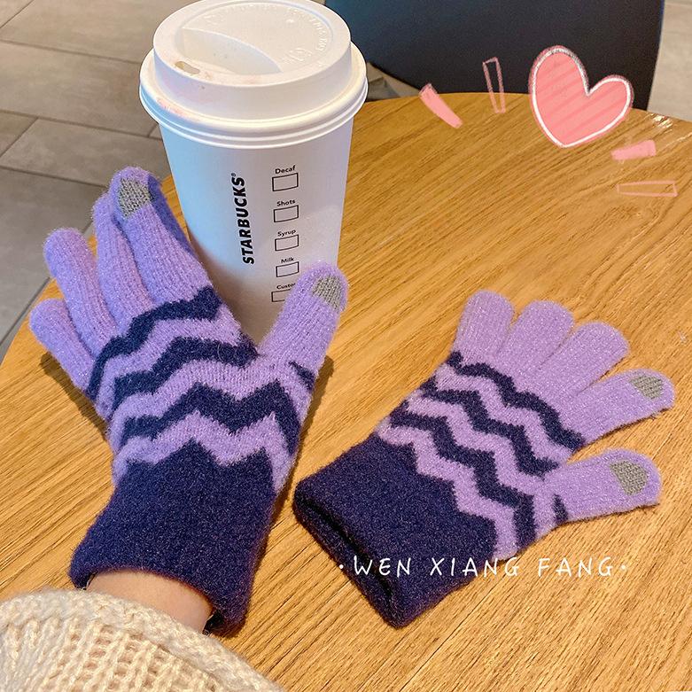 Warm Winter Gloves for Women Korean Couple Touch Screen Five Pointer Knitted Men Riding Bicycle Plus Velvet Student Thickened Cute Jacquard