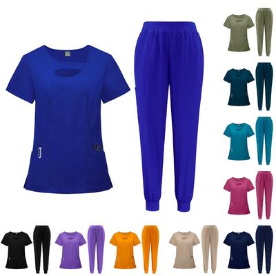 Women's Uniform Quick-drying Fabric Solid Color V-neck Double Pocket Short-sleeved Trousers Suit Dry-nurse Work Clothes