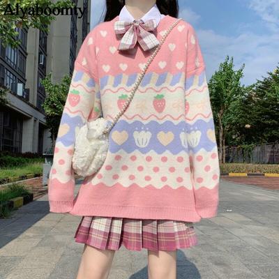 Japanese Preppy Style Autumn Winter Women Sweater Pink Strawberry Heart Warm Knitted Pullover Cute Kawaii Sweet Soft Overcoat