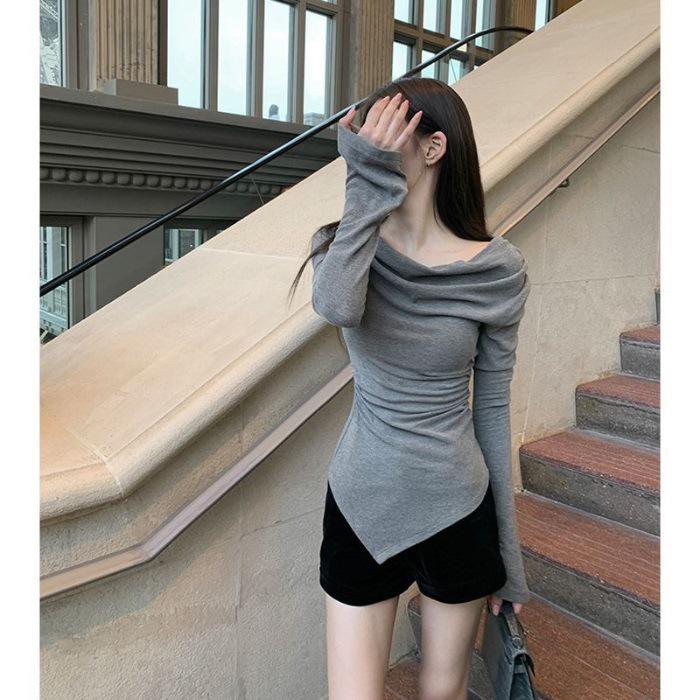 

Chic Irregular Cowl Neck Pleated Long Sleeve T-shirt for Women XL