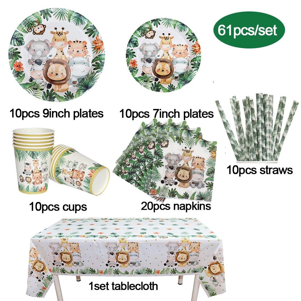 Jungle Birthday Party Decorations Animal Disposable Tableware Set Forest Woodland Safari Birthday Animals Theme Party Supplies
