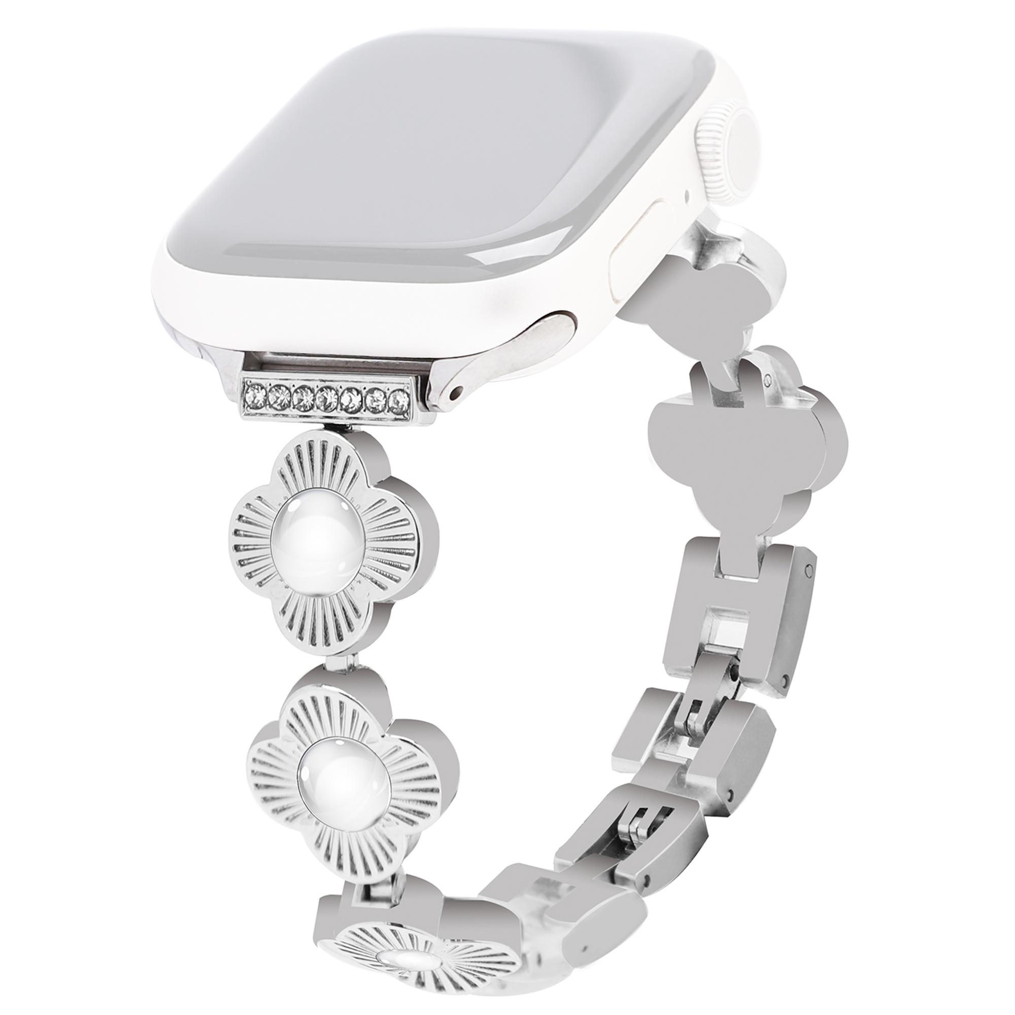 

Для Apple Watch 10 46 мм/Ultra 2/Ultra 49 мм/9 8 7 45 мм/SE (2023) SE (2022) SE 6 5 4 44мм/3 2 1 42мм Металлический ремешок для часов с цветочным дизайном Silver