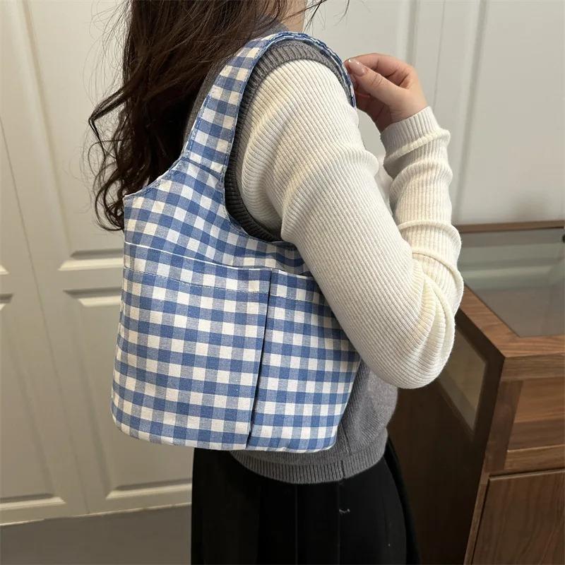 Korean Vintage Plaid Shoulder Underarm Bags for Women Large Capacity Ladies Vest Shopping Bag Lightweight Student Tote Handbags