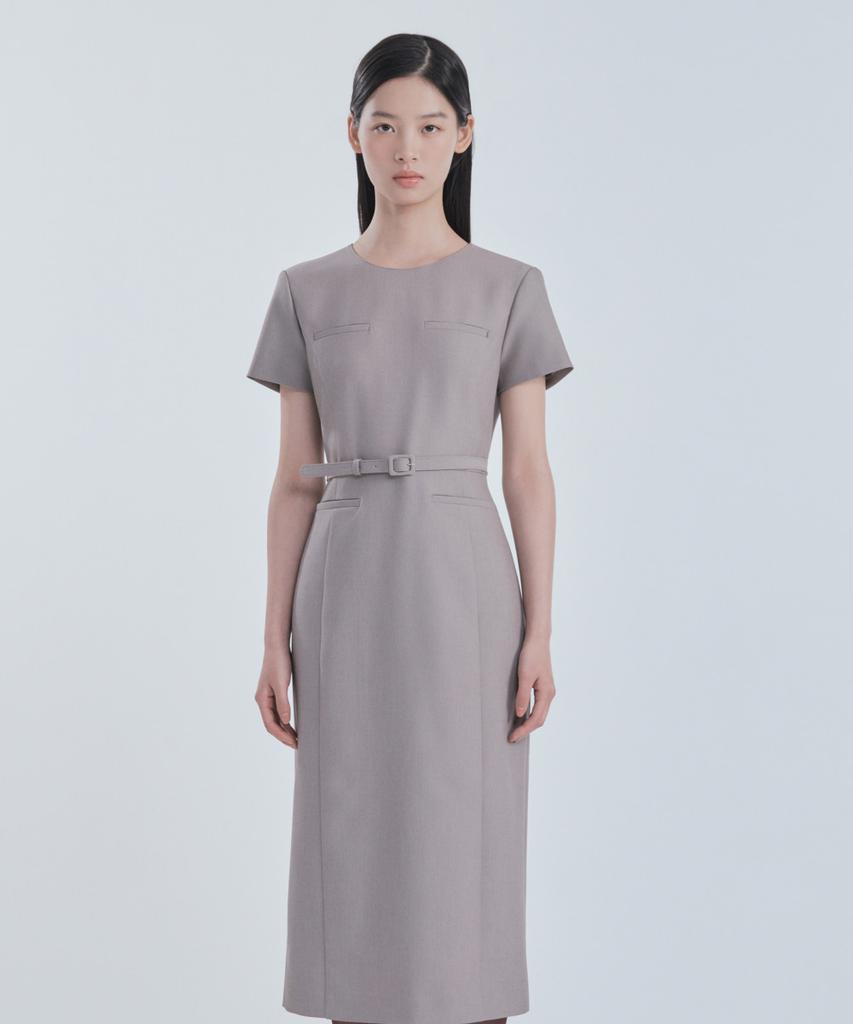 Mausolleum Belted Round Neck Long Suit Dress - Ash Beige