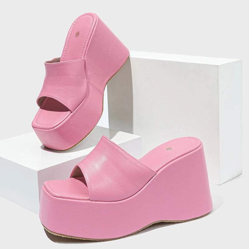 

Літні жіночі туфлі на танкетці з квадратним носком і платформою, модні товсті туфлі на високих підборах, банкетні жіночі босоніжки 36 рожевий