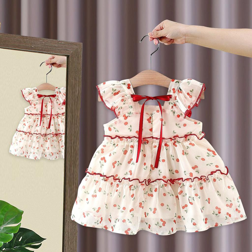 Flickklänning Sommar Barn Körsbär Prinsessklänning Babyflicka Chiffong Söt Kortärmad Klänning