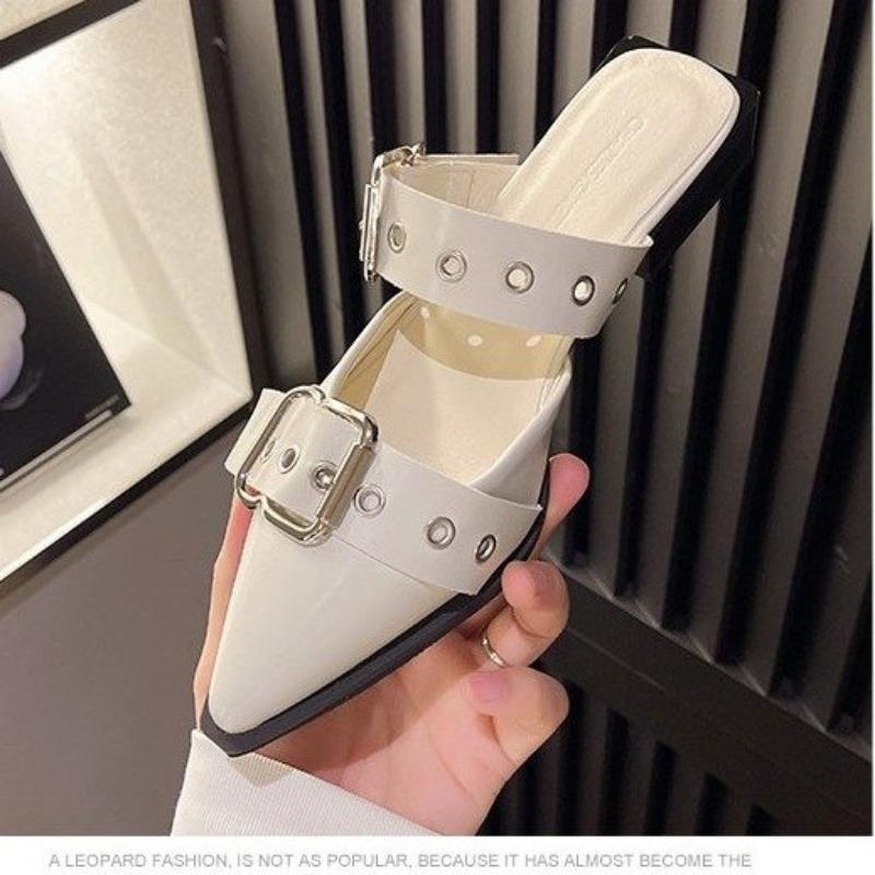 

Женские туфли на плоской подошве 2025 года, дизайнерские роскошные модные туфли с пряжкой на плоской подошве с острым носком, повседневные женские сандалии-мюли 40 белый