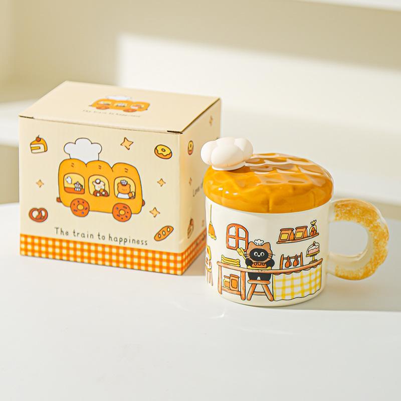 Korean Creative Bread Mug Cartoon Cat Ceramic Cup with Lid Household Water Cup Birthday Gift Souvenir
