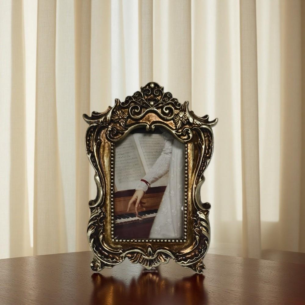 Carved Flower Design Vintage Photo Frame Rectangular Photo Stand Photo Holder Home Decor