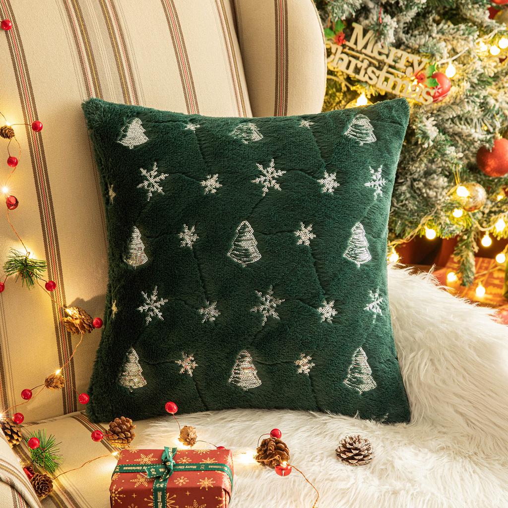 Square Sequin Christmas Throw Pillow Cases Christmas Tree Snowflake Shaggy Plush Pillowcases Sofa Cushion Covers Home Decor
