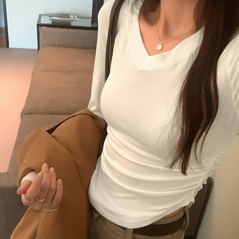 Designt V-Ausschnitt Schlüsselbein Enthüllt Plissierte Taille Langarm T-Shirt Damen Herbst Neu Einfarbig Basic-Shirt Top