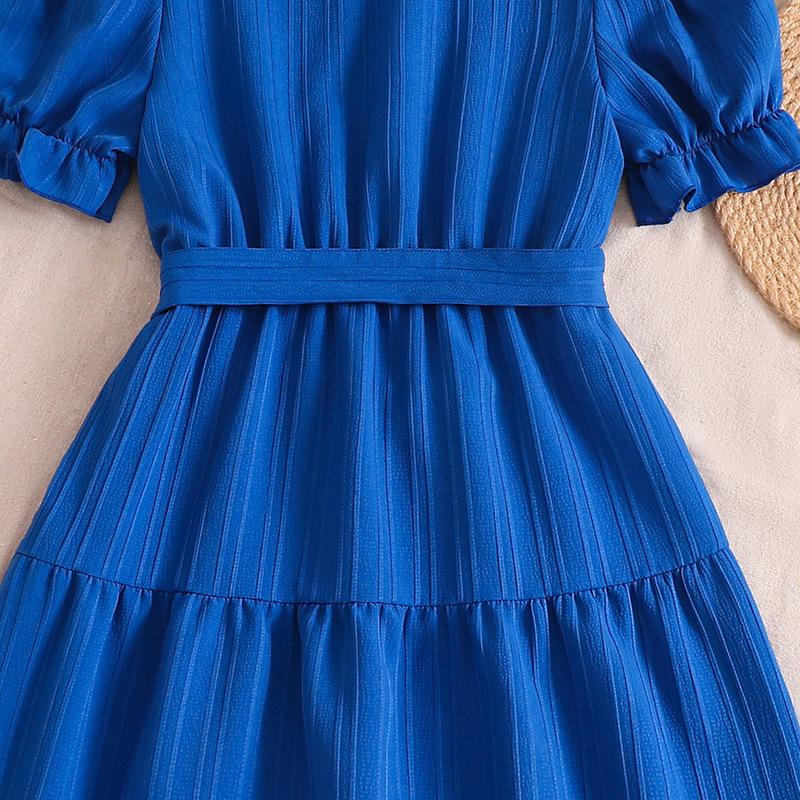 Girl's Dress Summer Dress New 8-12Y Children V-neck Bubble Sleeve Princess Dress Lace-up Dresses