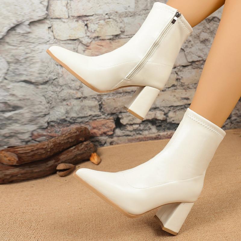 Block Heel Short Thigh Boots Women's Pointed Toe Side Zipper Anti-Slip Wear-Resistant Heels
