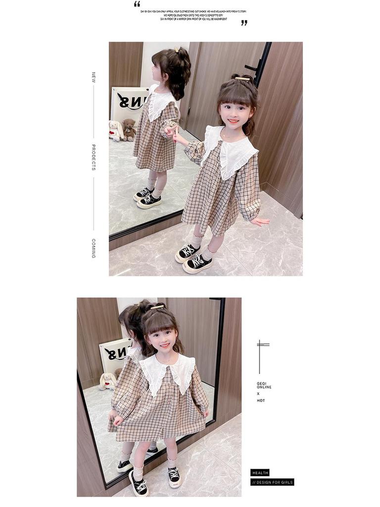Spring Collection: Girls' Long-Sleeve Plaid Princess Dress In Cotton Linen.
