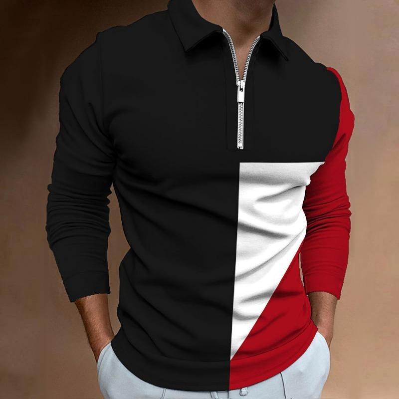 Mens Color Block Zipper Casual Slim Fit Long Sleeve Polo Shirt