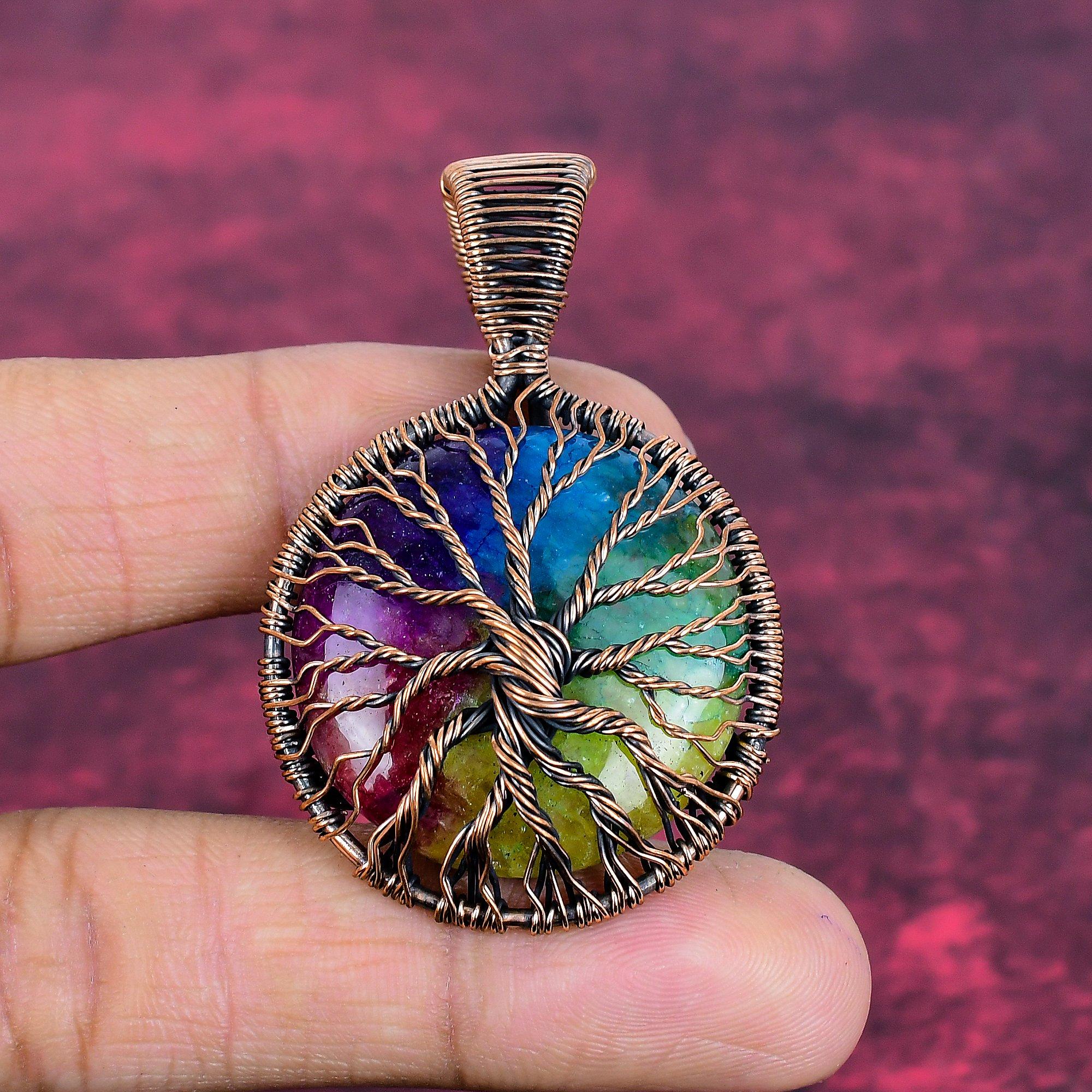 Tree Of Life Rainbow Solar Quartz Druzy Gemstone Pendant Copper Wire Wrap Pendant