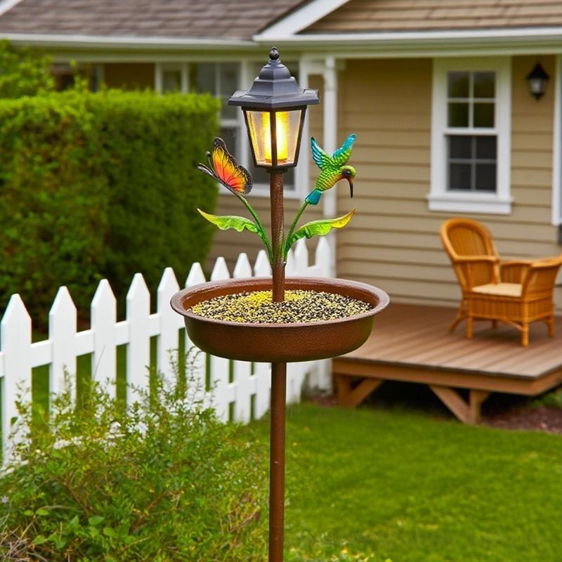 Durable Iron Sun Powered Bird Water Dish With LED Lights For Outdoor Decoration And Wildlife Viewing Day And Night