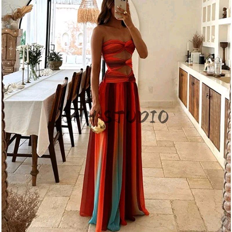 Spring and Summer Women's Clothing Word Collar Sleeveless Printed Tube Top Vacation Style Mesh High Waist A- line Long Midi Skirt Dress