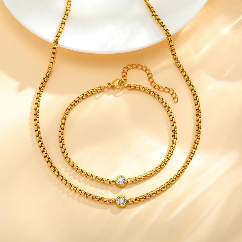 Vnox 2pcs/set Round Single Cubic Zirconia Necklace Bracelet For Women Stainless Steel Square Chain Trendy Jewelry Gifts