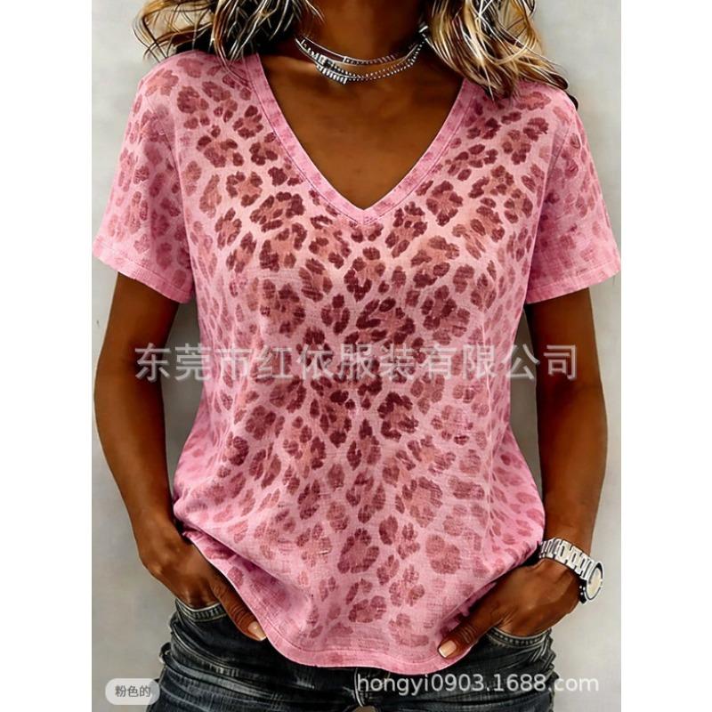 Women Summer V Neck Leopard Print Short Sleeve T Shirt Soft Loose Simple Daily Casual Basic Tops S розовый