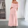 Women Off Shoulder Bohemian Style Short Sleeve Maxi Dress Lightweight Sheer Overlay Summer Beachwear Casual Long Dress