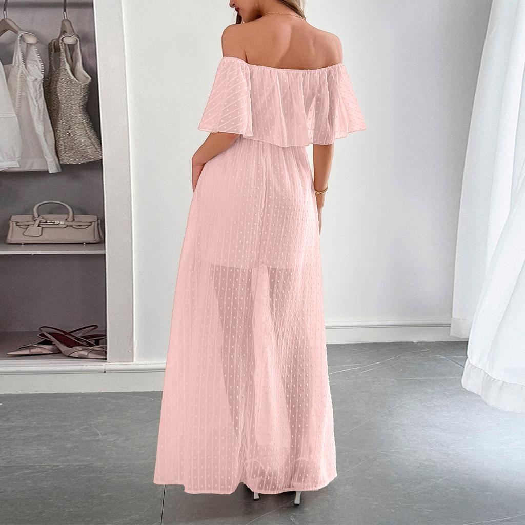 Women Off Shoulder Bohemian Style Short Sleeve Maxi Dress Lightweight Sheer Overlay Summer Beachwear Casual Long Dress