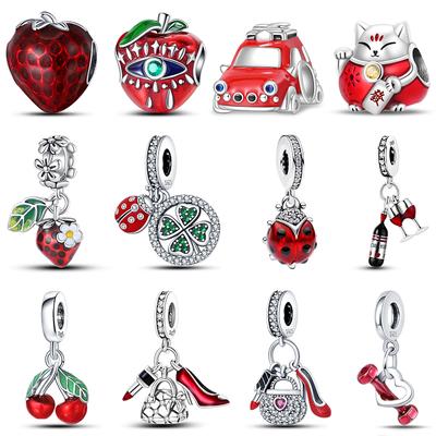 Koper Aardbei Lieveheersbeestje Auto's Lippenstift Mode Vrouw Rode Bedels Kralen Passend Pandachoriginal Armbanden Doe-het-zelf Sieraden Cadeau