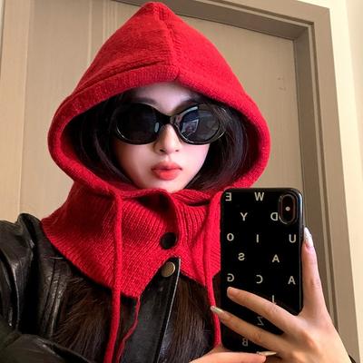 Balaclava Hat, Scarf, Integrated Women's Autumn and Winter Ankla Red Warm Ear Protector Wool Hat