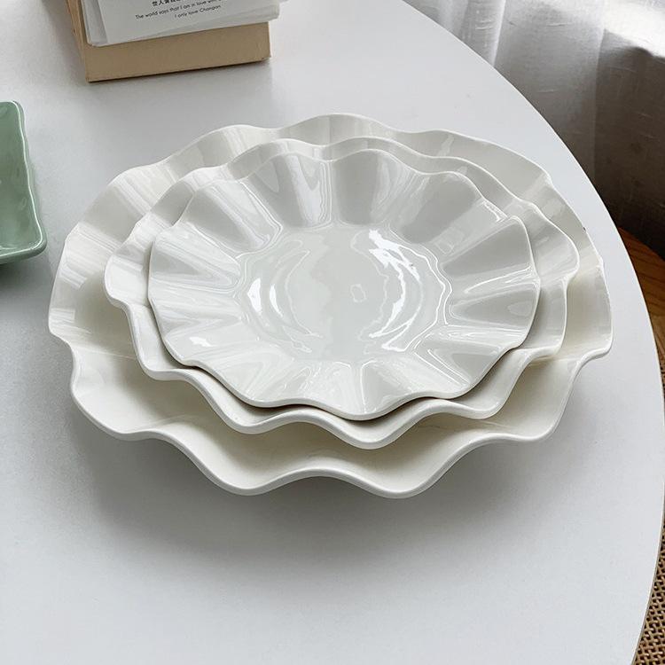 Korean Ruffle White Ceramic Dinner and Snack Plate
